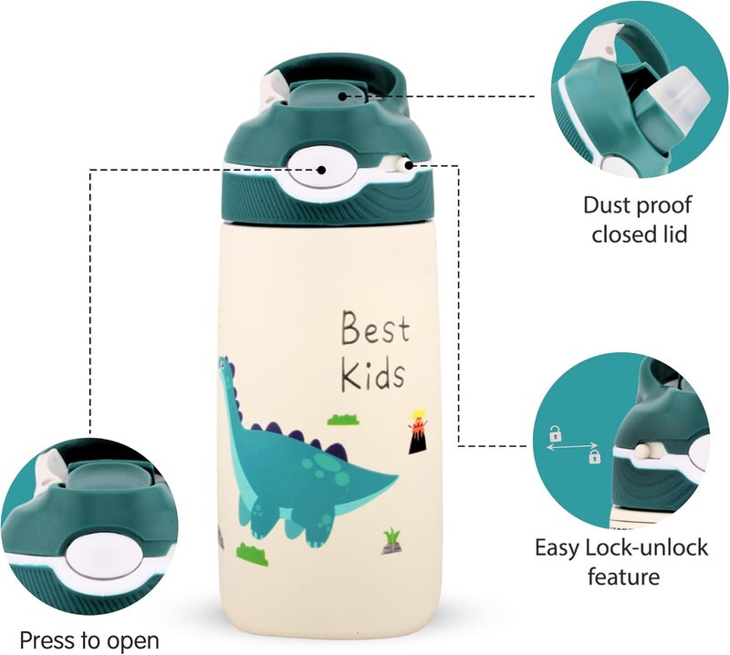 BrainGiggles Stainless Steel Kids Water Bottle with Straw & Handle- Leakproof BPA Free Flask for Baby - 400 ml Dinosaur Water Bottle for Kids and Toddlers- Kids Water Bottle for School(Green) - Image 3