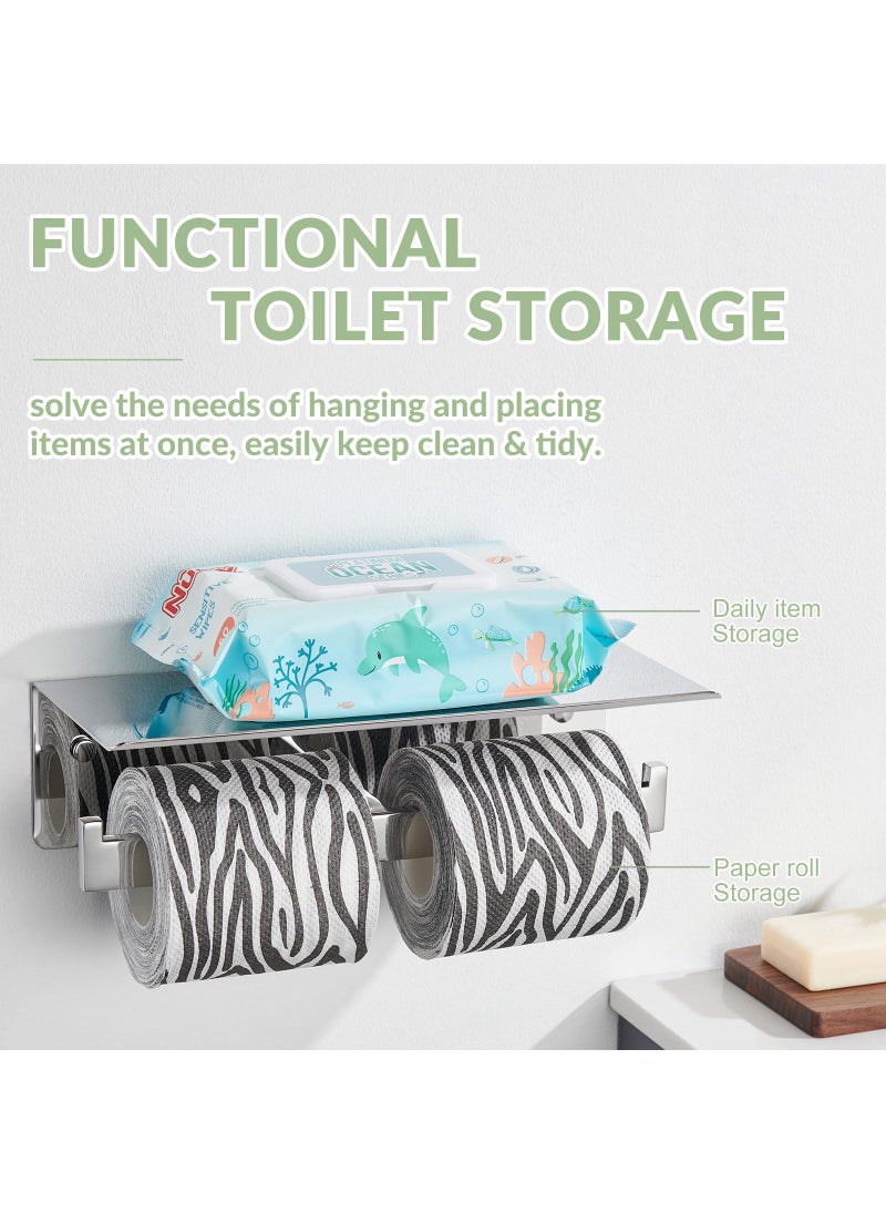 APLusee APLusee Double Toilet Paper Holder with Phone Shelf  304 Stainless Steel Bathroom Tissue Hanger  Wall Mounted Dual Roll Paper Dispenser  Polished Chrome  - Image 2