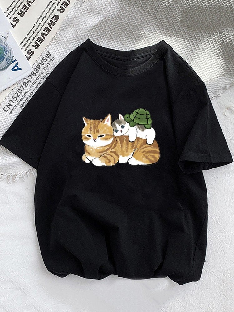 Cat Cat Cartoon Printed T-Shirt Kawaii Women'S Clothing Plus Size Top Short Sleeve - Image 4