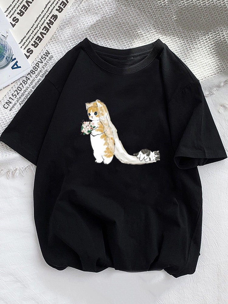 Cat Cat Cartoon Printed T-Shirt Kawaii Women'S Clothing Plus Size Top Short Sleeve - Image 1