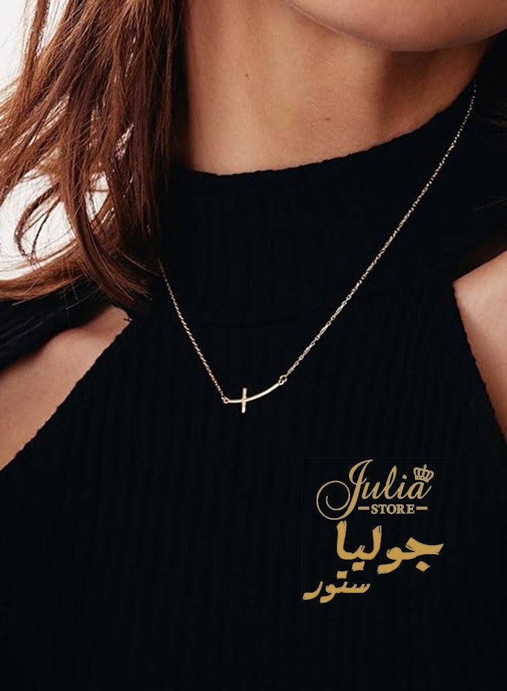 Julia Store 18K Gold Plated Stainless Steel Curved Sideways Cross Necklace - Image 3