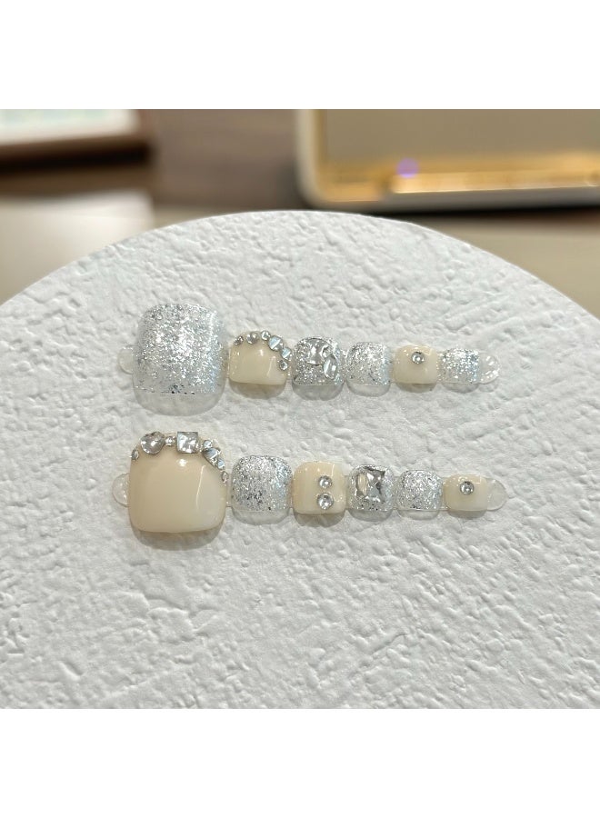 Generic 10pcs Handmade Milky White Press-on Toenails with Silver Rhinestones – Reusable Pedicure Set with Tools  - Image 4
