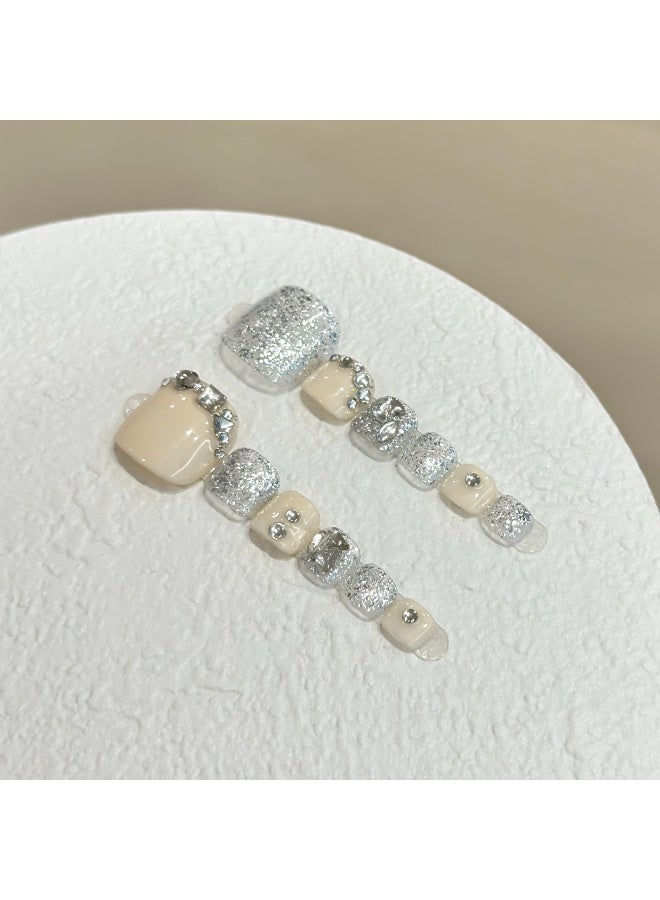 Generic 10pcs Handmade Milky White Press-on Toenails with Silver Rhinestones – Reusable Pedicure Set with Tools  - Image 5