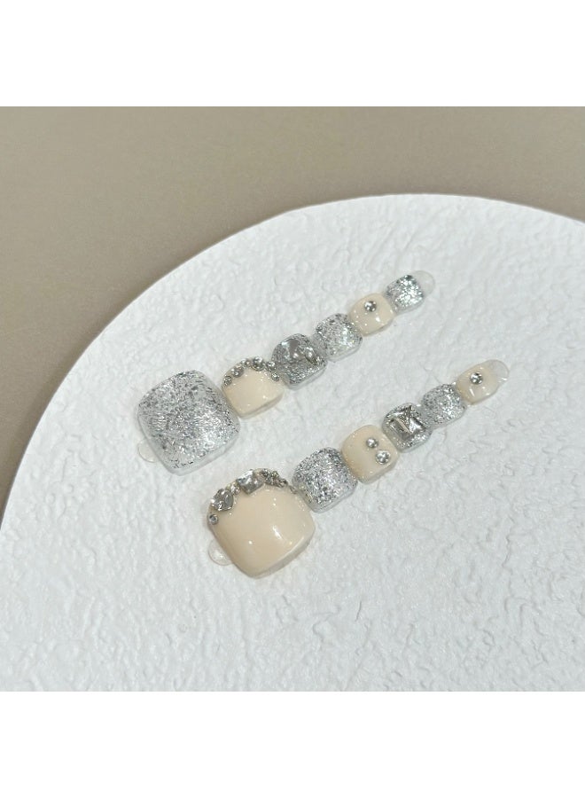 Generic 10pcs Handmade Milky White Press-on Toenails with Silver Rhinestones – Reusable Pedicure Set with Tools  - Image 3