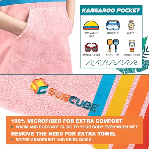 Suncube SUN CUBE Kids Changing Robe Surf Poncho, Kids Beach Towels, Hooded Towel for Toddler Bath Pool, Microfiber Quick Dry Wearable Towel Poncho with Hood, Swim Towel for Boys Girls 3-7 Years, Sunset Pink - Image 3