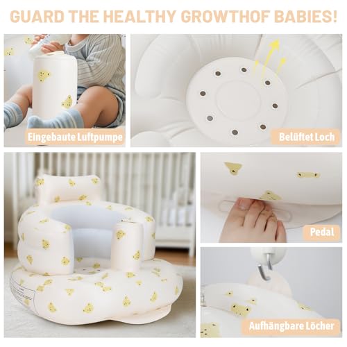 AirSwim Inflatable Baby Seat, Inflatable Baby Chair for Babies 3 Months and Up, Summer Blow Up Chair with Built in Air Pump, Infant Floor Seats for Learning to Sit, Palying, Camping, Bear Head - Image 2