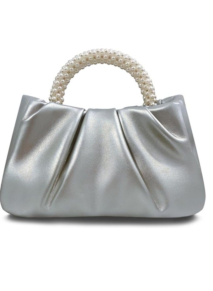 Evening Purse Women Pearl Handbags Soft Leather Ruched Bag Bridal Clutch for Wedding Party Prom Crossbody Purses, Silver