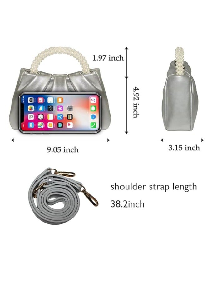 Evening Purse Women Pearl Handbags Soft Leather Ruched Bag Bridal Clutch for Wedding Party Prom Crossbody Purses, Silver