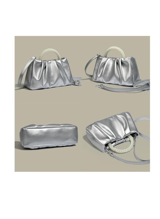 Evening Purse Women Pearl Handbags Soft Leather Ruched Bag Bridal Clutch for Wedding Party Prom Crossbody Purses, Silver