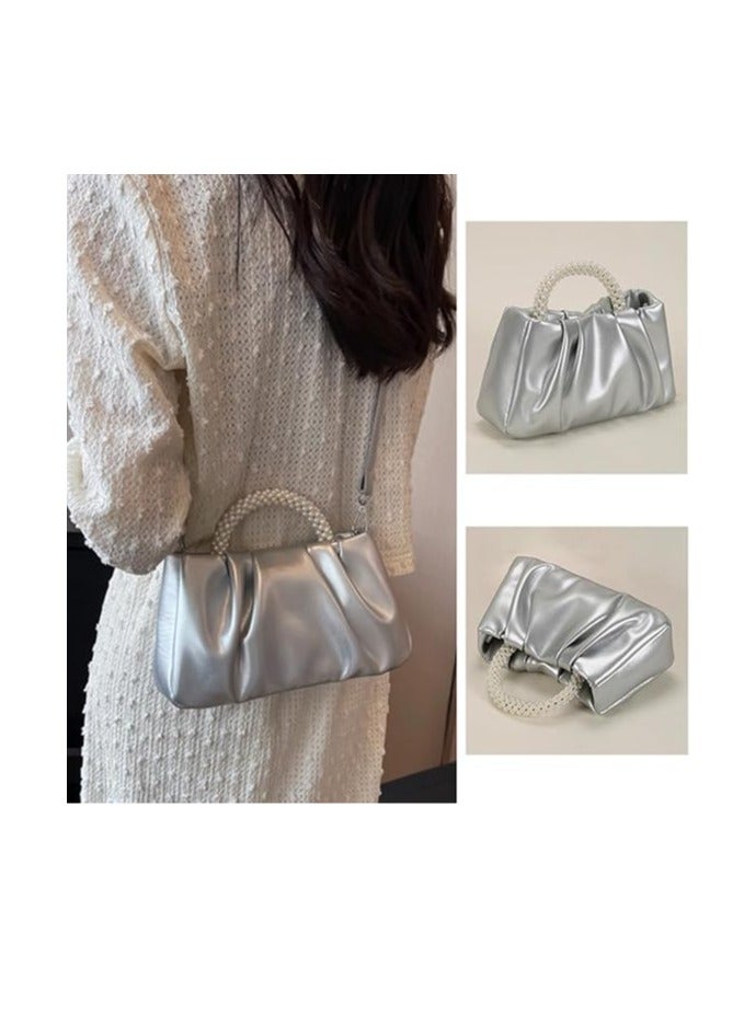 Evening Purse Women Pearl Handbags Soft Leather Ruched Bag Bridal Clutch for Wedding Party Prom Crossbody Purses, Silver