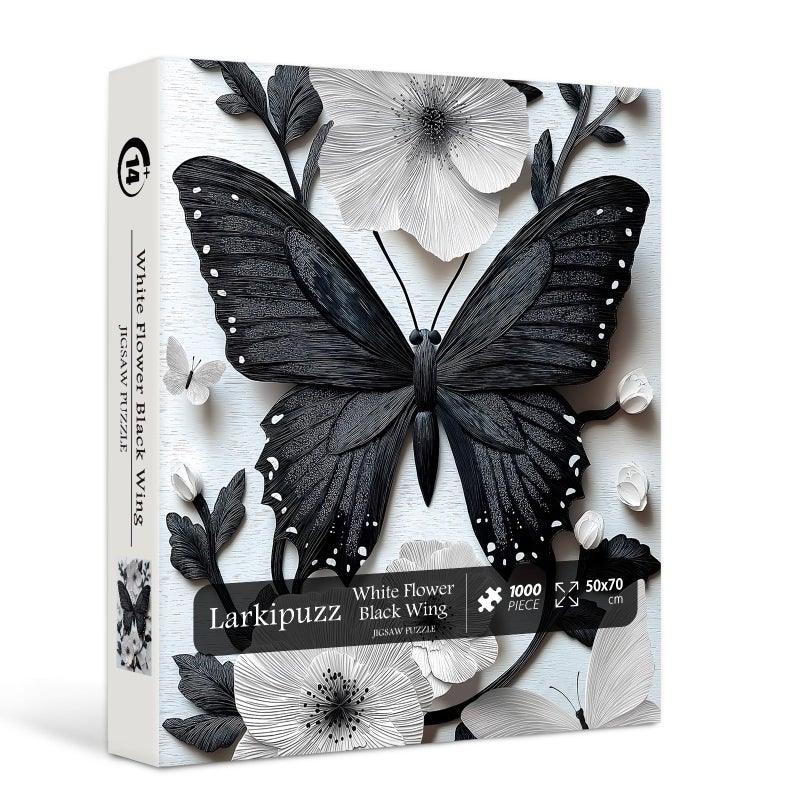 Larkipuzz Butterfly Puzzles for Adults 1000 Pieces Black White Flowers Art Jigsaw Puzzles Unique Impossible Puzzle for Wall Decor - Image 3