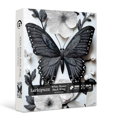 Larkipuzz Butterfly Puzzles for Adults 1000 Pieces Black White Flowers Art Jigsaw Puzzles Unique Impossible Puzzle for Wall Decor - Image 1
