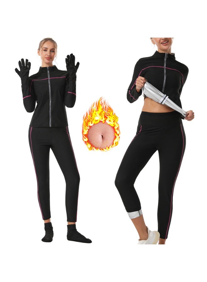 يس طقم ملابس ساونا نسائي، بأكمام طويلة + بنطال + قفازات + جوارب، لحرق المزيد من السعرات الحرارية، والتعرق أكثر، زي رياضي مُعزز للتعرق لإنقاص الوزن - Image 2