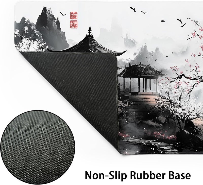 aportt Black Whtie Japanese Gaming Mouse Pad XXL Anime Sakura Cherry Blossom Tree Extended Large Mat Mousepad Desk Pad Non-Slip Rubber Base Stitched Edge Keyboard Pad Playmat for Computer,35.4×15.7 Inch - Image 3