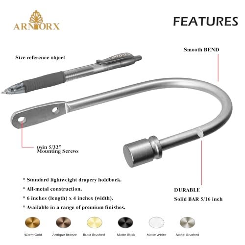 Arnorx Decorative Curtain Holdbacks, Wall Mounted Tiebacks, Metal Drapery Hooks, 2 PCS, Matte Brushed Nickel - Image 3