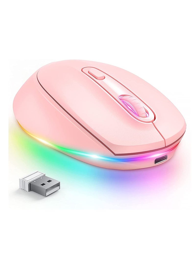 Wireless Mouse, Portable Rechargeable Light Up Mouse, Comfortable Grip Ultra Quiet Mouse, Small Cordless Gaming Mouse With LED Rainbow Lights For Computer Laptop, (1pc, Pink) - Image 1