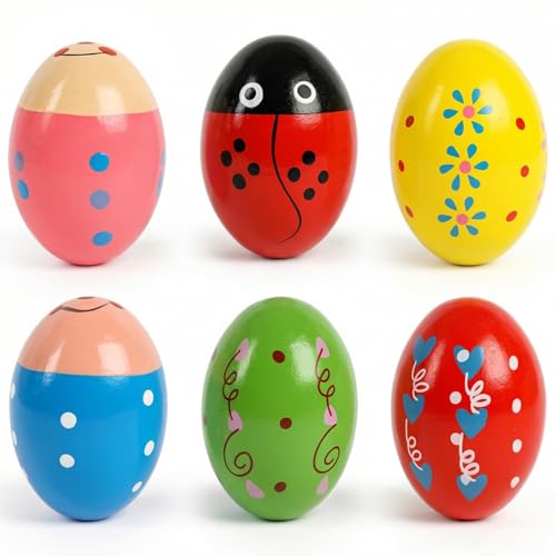 SallyFashion 6PCS Egg Shakers Musical Instruments for Babies Wooden Maracas for Kids Hand Percussion Musical Eggs Easter Basket Stuffers Party Favors - Image 1