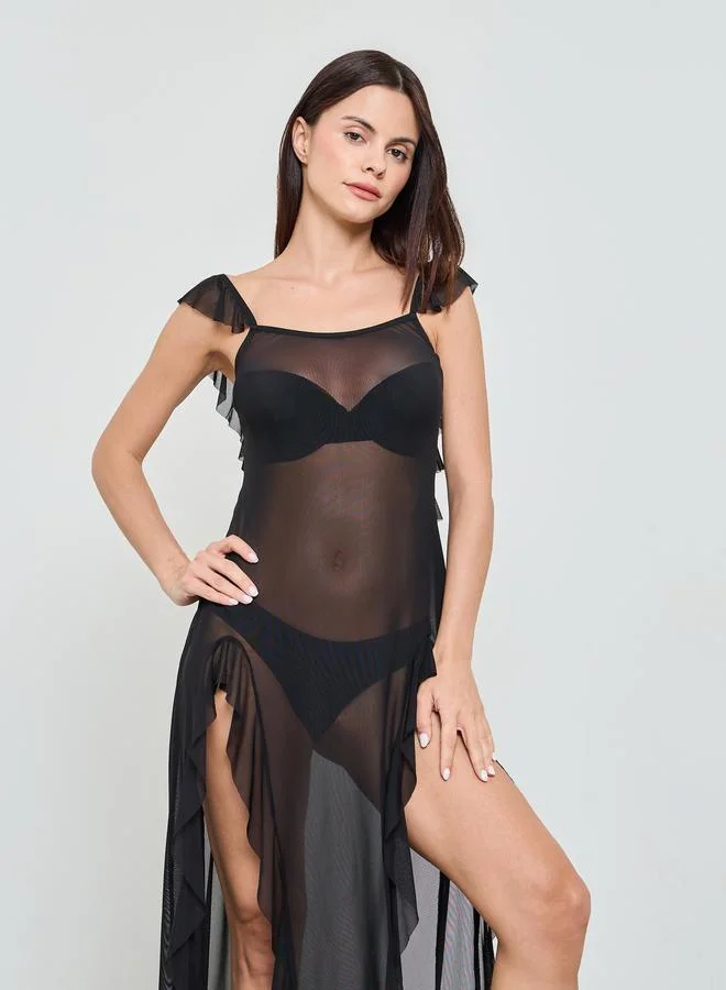 Take Two Black Solid Ruffled Trims Mesh Babydoll