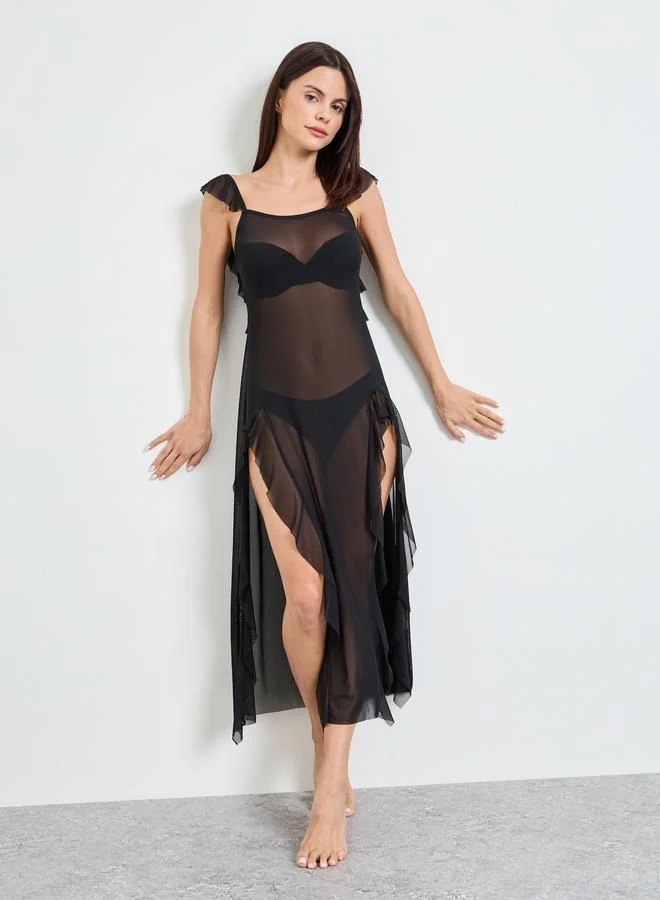 Take Two Black Solid Ruffled Trims Mesh Babydoll