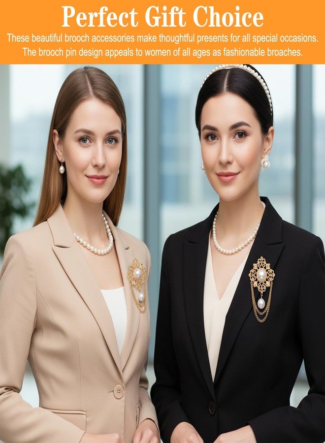 Molain Pearl Flower Brooch Pin for Women - Vintage Gold Brooch Pin Round Simulated Pearl Filigree Flower Chain Tassel Lapel Brooches Pins for Dress Suit Clothes Accessories Jewelry - Image 5
