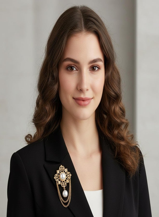 Molain Pearl Flower Brooch Pin for Women - Vintage Gold Brooch Pin Round Simulated Pearl Filigree Flower Chain Tassel Lapel Brooches Pins for Dress Suit Clothes Accessories Jewelry - Image 4