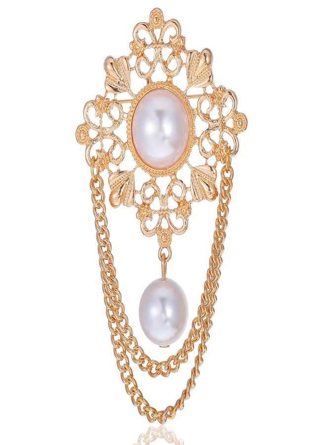 Molain Pearl Flower Brooch Pin for Women - Vintage Gold Brooch Pin Round Simulated Pearl Filigree Flower Chain Tassel Lapel Brooches Pins for Dress Suit Clothes Accessories Jewelry - Image 1