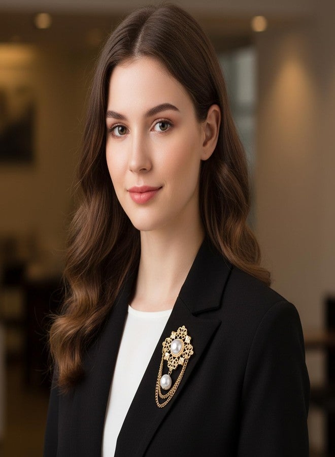 Molain Pearl Flower Brooch Pin for Women - Vintage Gold Brooch Pin Round Simulated Pearl Filigree Flower Chain Tassel Lapel Brooches Pins for Dress Suit Clothes Accessories Jewelry - Image 2