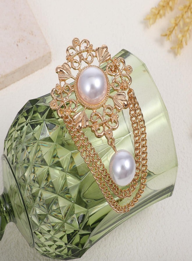 Molain Pearl Flower Brooch Pin for Women - Vintage Gold Brooch Pin Round Simulated Pearl Filigree Flower Chain Tassel Lapel Brooches Pins for Dress Suit Clothes Accessories Jewelry - Image 3