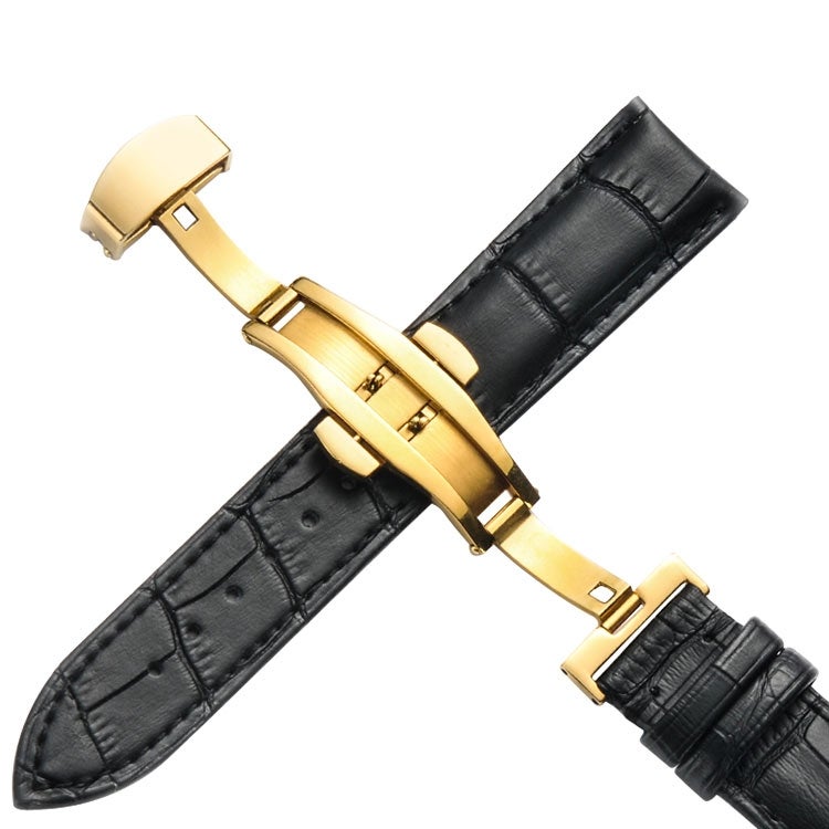 erorex 18Mm Classic Cowhide Leather Gold Butterfly Buckle Watch Band(Black) - Image 1
