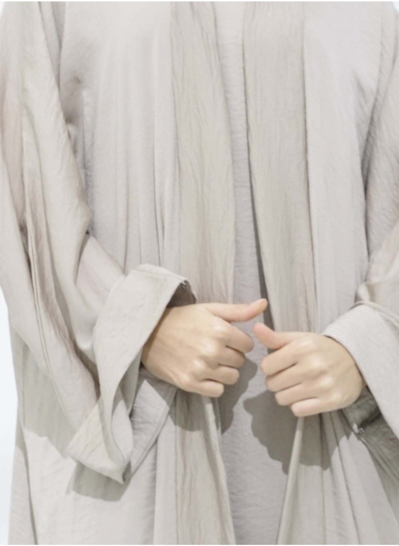 MSquare Fashion Beige Harir Maqsood abaya 3 piece set  - Image 3