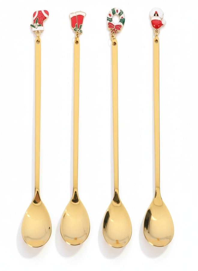 JOINPAYA 4pcs Christmas Coffee Spoons Set: Stainless Steel Gold Tableware Stirring Spoons with Santa Bell Wreath Sock Pendants for Dessert, Tea, Xmas Party Decor - Image 1