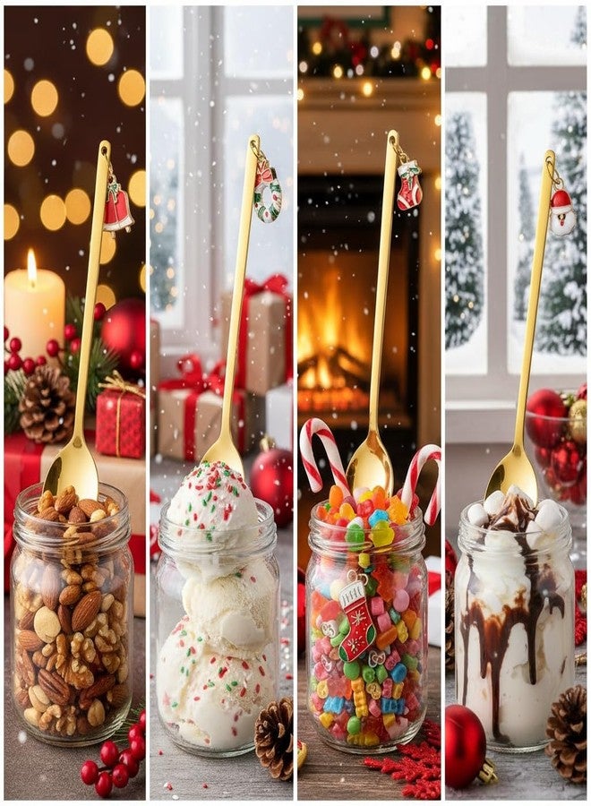 JOINPAYA 4pcs Christmas Coffee Spoons Set: Stainless Steel Gold Tableware Stirring Spoons with Santa Bell Wreath Sock Pendants for Dessert, Tea, Xmas Party Decor - Image 4