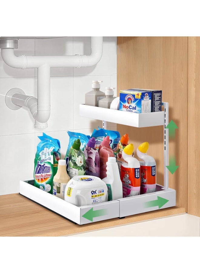 M.A&F's Under Sink Organizer, 2 Tier Expandable Pull Out Under Cabinet Bathroom Organiser, Heights Adjustable Kitchen Storage Shelf, Metal Sliding Drawer for Laundry Pantry Closet Organization Rack - Image 1
