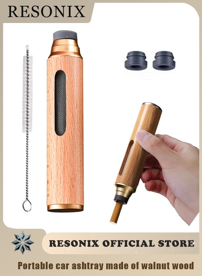 RESONIX Portable Car Ashtray with Walnut Wood Lid – Mini Fireproof Aluminum Pocket Ashtray with Storage Bag and Cleaning Brush, Travel Ashtray for Car, Outdoor, and Indoor Smoking (Gold Silicone Lid) - Image 1