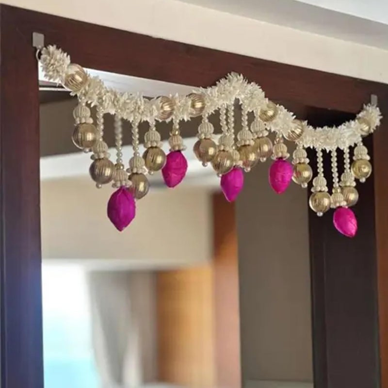 Kaameri Bazaar Toran for Main Door Entrance | Traditional Handmade Door Hanging Toran with White Gajra, Pink Lotus & Beads Garland for Indian Diwali Decoration, 101 CM – Toran for Main Door - Image 2