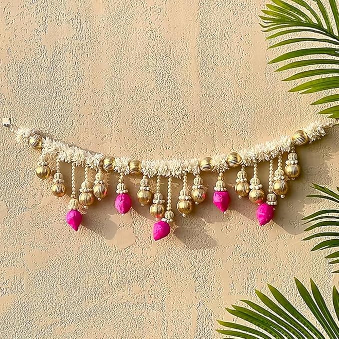 Kaameri Bazaar Toran for Main Door Entrance | Traditional Handmade Door Hanging Toran with White Gajra, Pink Lotus & Beads Garland for Indian Diwali Decoration, 101 CM – Toran for Main Door - Image 1