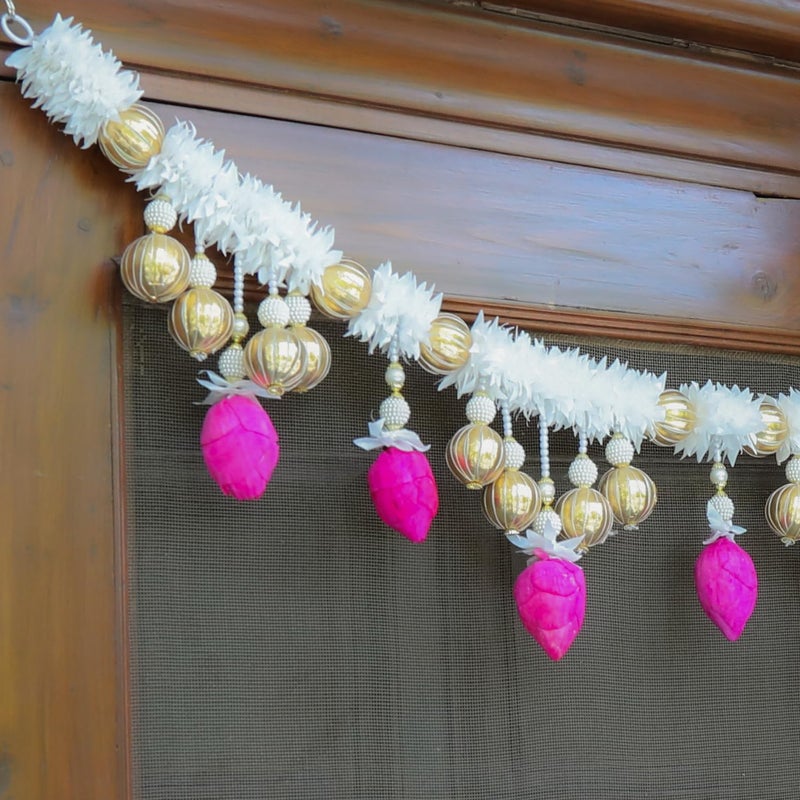Kaameri Bazaar Toran for Main Door Entrance | Traditional Handmade Door Hanging Toran with White Gajra, Pink Lotus & Beads Garland for Indian Diwali Decoration, 101 CM – Toran for Main Door - Image 5