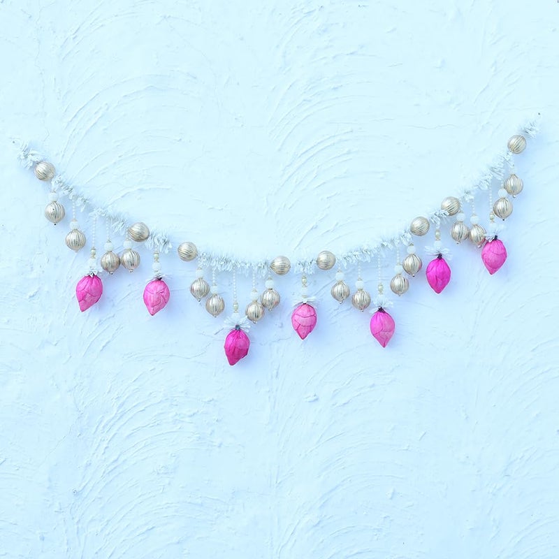 Kaameri Bazaar Toran for Main Door Entrance | Traditional Handmade Door Hanging Toran with White Gajra, Pink Lotus & Beads Garland for Indian Diwali Decoration, 101 CM – Toran for Main Door - Image 4