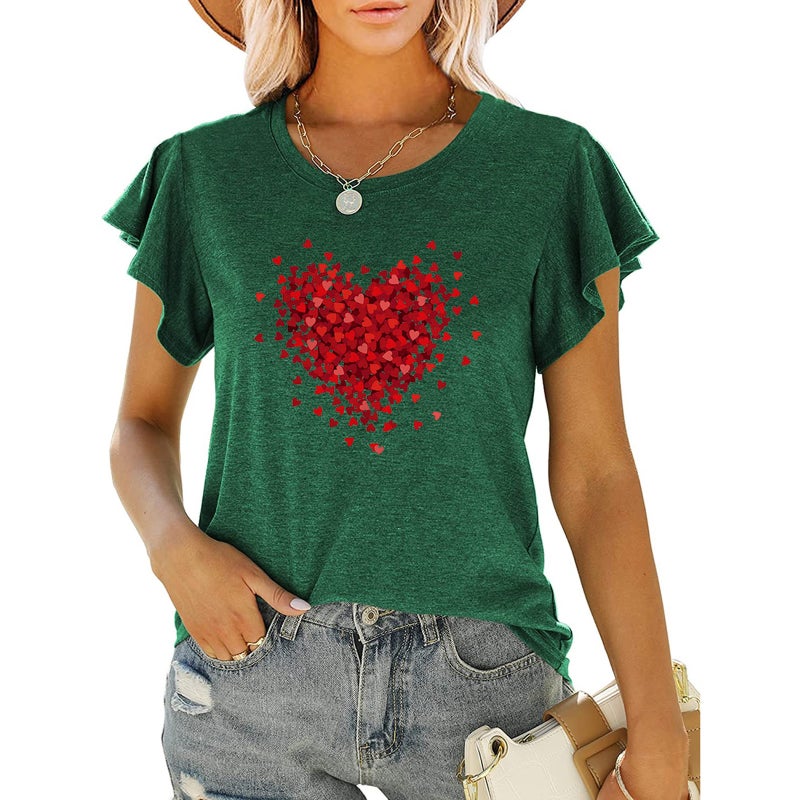 new women's red love printed round neck ruffled short sleeve loose top T-shirt - Image 1