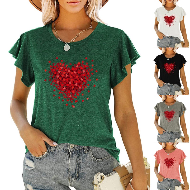 new women's red love printed round neck ruffled short sleeve loose top T-shirt - Image 2