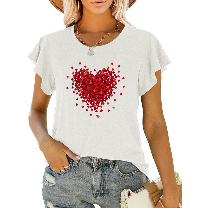 new women's red love printed round neck ruffled short sleeve loose top T-shirt - Image 4