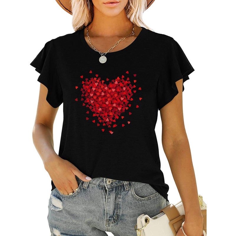 new women's red love printed round neck ruffled short sleeve loose top T-shirt - Image 5