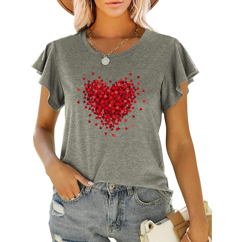new women's red love printed round neck ruffled short sleeve loose top T-shirt - Image 3