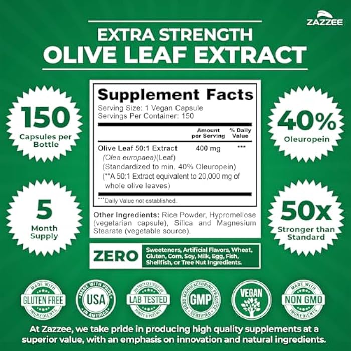 Zazzee Extra Strength Olive Leaf 50:1 Extract, 40% Oleuropein, 150 Vegan Capsules, 5 Month Supply, Olea Europaea, Mediterranean Source, Potent Antioxidant & Immune Support, Non-GMO, Made in the USA - Image 2
