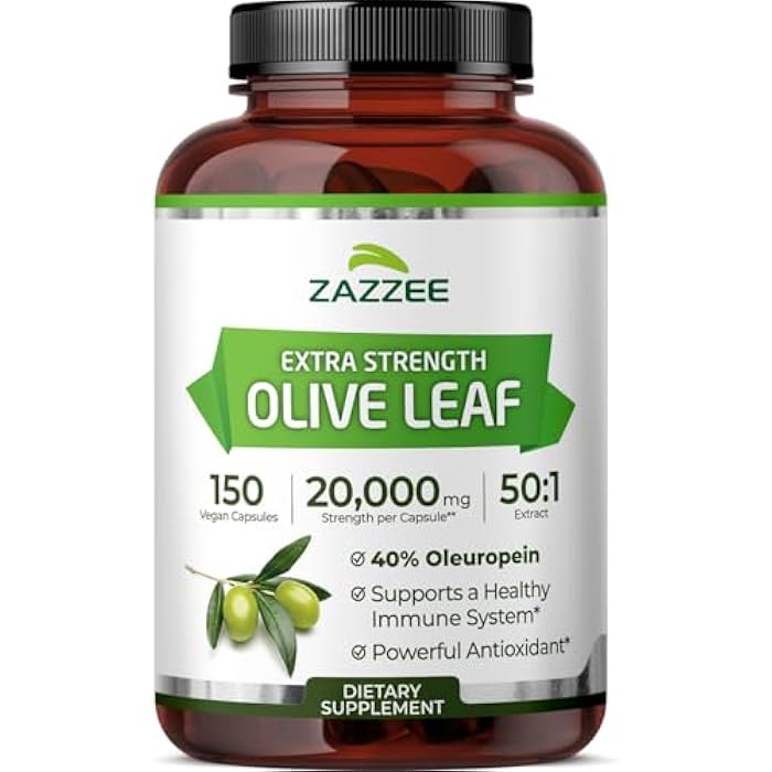 Zazzee Extra Strength Olive Leaf 50:1 Extract, 40% Oleuropein, 150 Vegan Capsules, 5 Month Supply, Olea Europaea, Mediterranean Source, Potent Antioxidant & Immune Support, Non-GMO, Made in the USA - Image 1