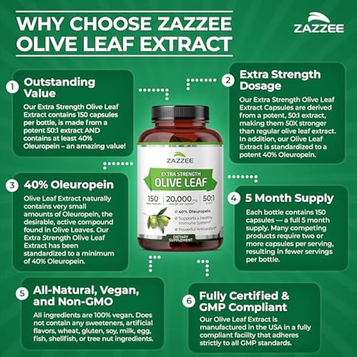 Zazzee Extra Strength Olive Leaf 50:1 Extract, 40% Oleuropein, 150 Vegan Capsules, 5 Month Supply, Olea Europaea, Mediterranean Source, Potent Antioxidant & Immune Support, Non-GMO, Made in the USA - Image 5