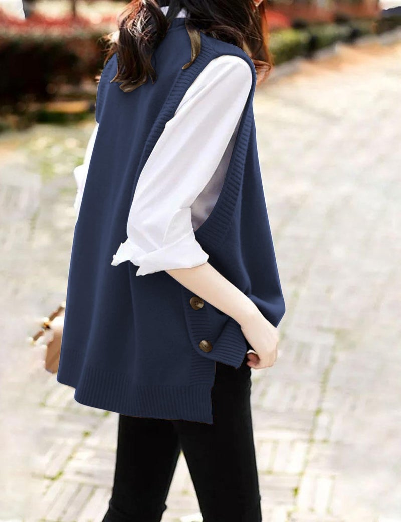 HangNiFang Women's Round Neck Sleeveless Pullover Ribbed Knit Sweater Vest Top (0199-Navy-S) - Image 3