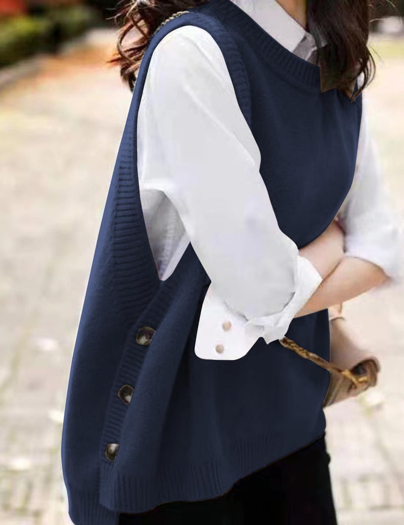 HangNiFang Women's Round Neck Sleeveless Pullover Ribbed Knit Sweater Vest Top (0199-Navy-S) - Image 2