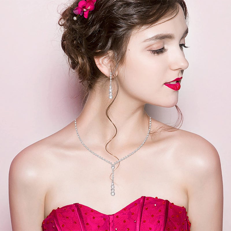 Aixiao Elegant Silver Necklace Earrings Bracelet Crystal Bridal Wedding Jewelry Sets for Brides Bridesmaid Prom Costume Accessories - Image 2