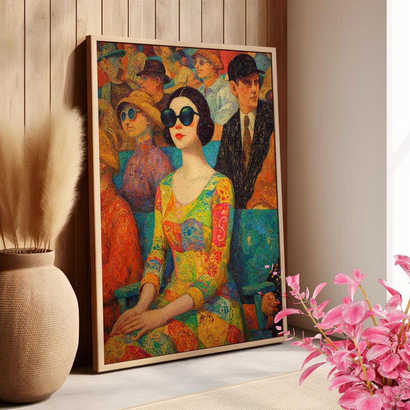 TNESSENTIAL Woman in Neon Dress and Sunglasses Wall Art Poster or Canvas Print, Neo-Impressionist Canvas Poster Print, Woman Watching Baseball Wall Decor - Image 1